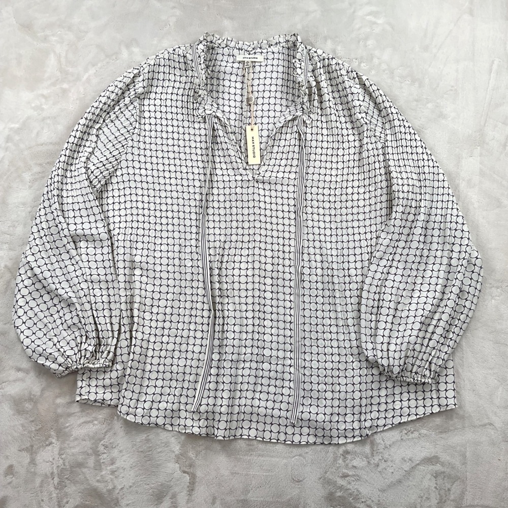 Max Studio Womens 1X Geometric Circle Print Ruffle Tie Neck Balloon Blouse